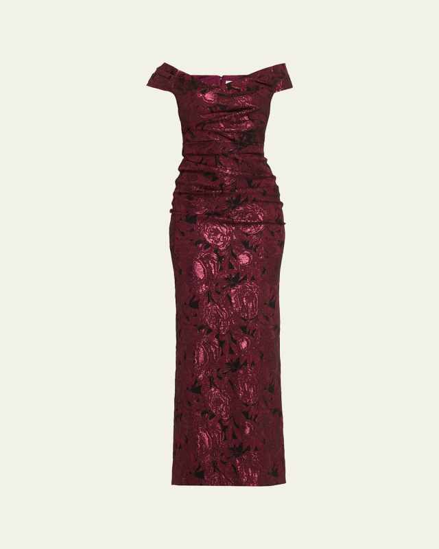 Ruched Metallic Floral Jacquard Column Gown